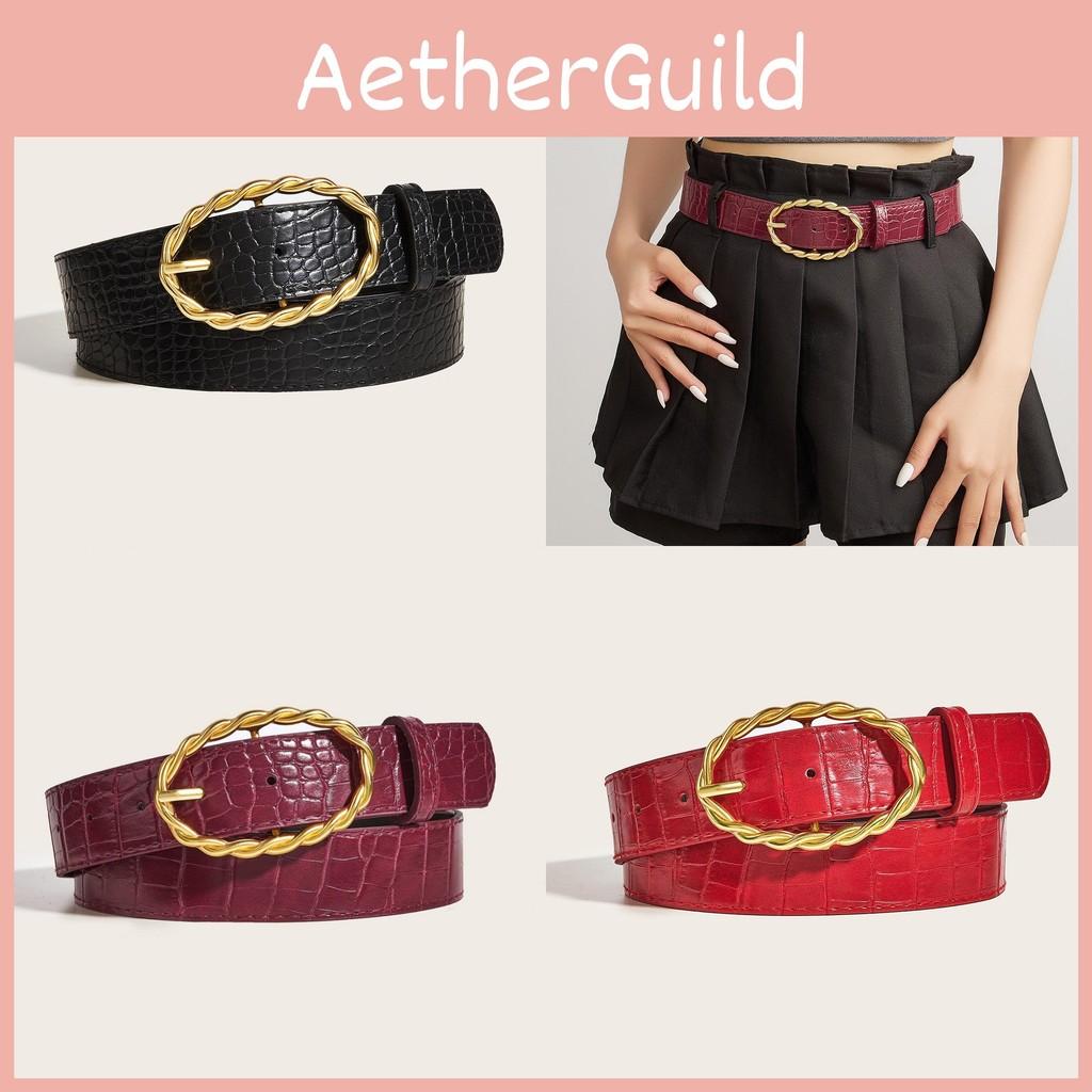 Stone Womens Grain Pu Leather Belt With Twists Oval Metal Buckle For Everyday