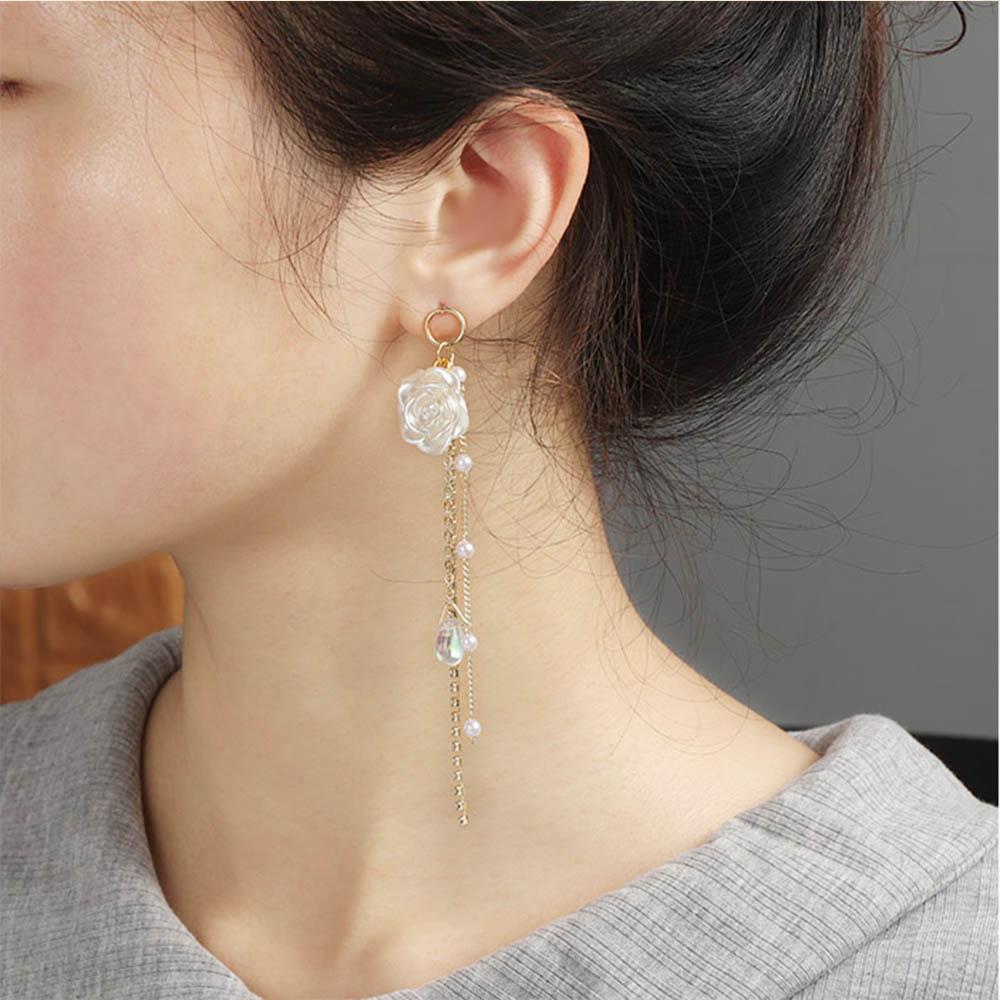 

Sweet Fashion Jewelry Long Dangle Pendientes Rose Flower Pearl Tassel Ear Stud Drop Earrings F