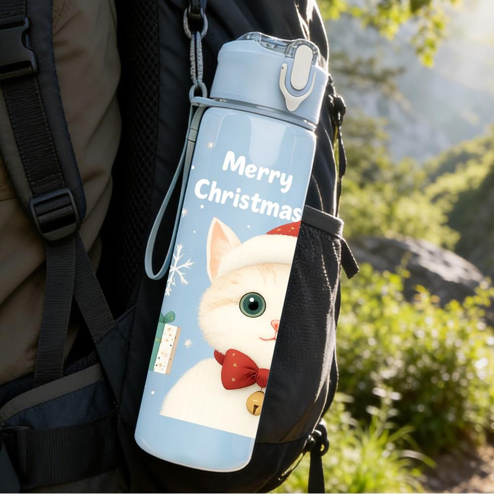 1PC Santa Cat Christmas Hat Pattern 750ml Color Plastic Sports Water Bottle Leakproof Flip Straw Lid Suitable for Sports Office Home Use