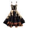 Women's Sleeveless Casual Dress Halloween Print Round Neck Vintage Style Spaghetti Strap Midi Dress for Daily Wear and Seasonal Events