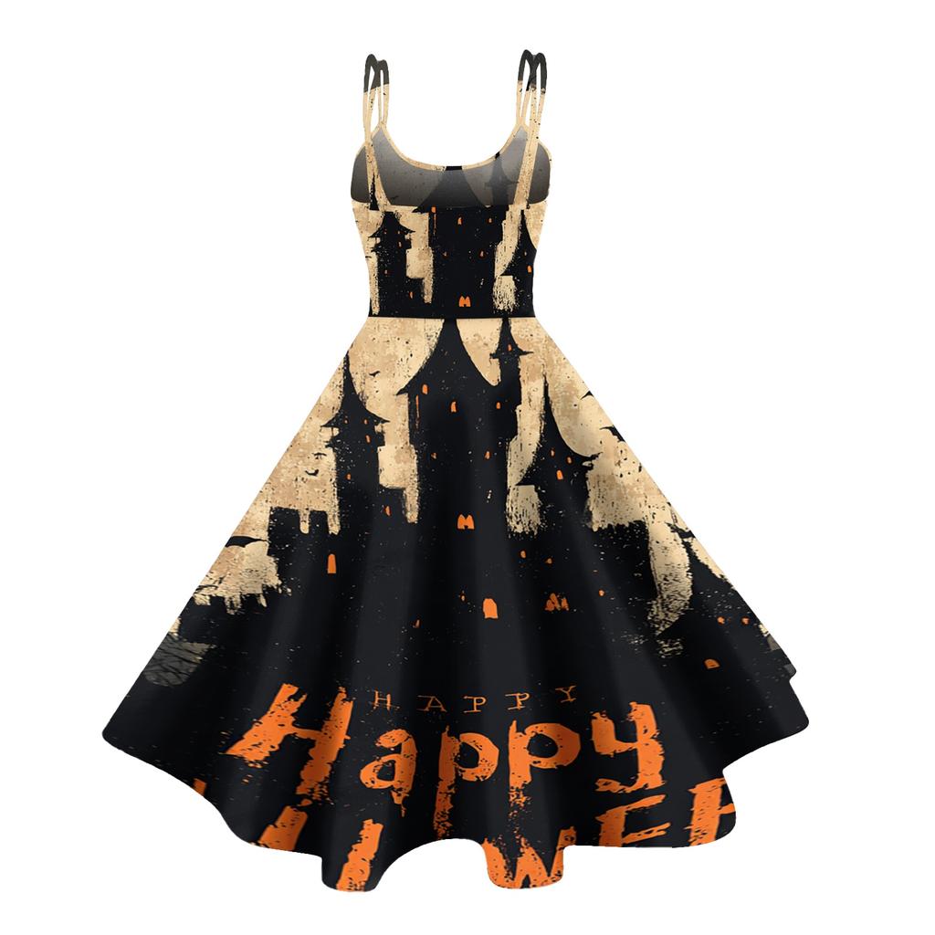 Women's Sleeveless Casual Dress Halloween Print Round Neck Vintage Style Spaghetti Strap Midi Dress for Daily Wear and Seasonal Events
