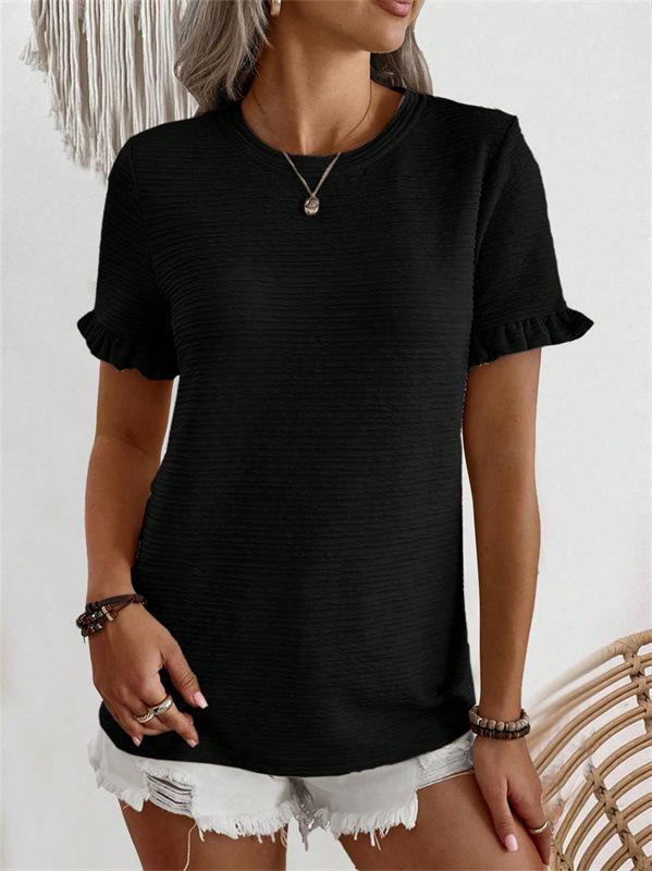 2024 European Summer Women's Ruffle Sleeve Round Neck T-shirt - Comfortable & Versatile Solid Color Top