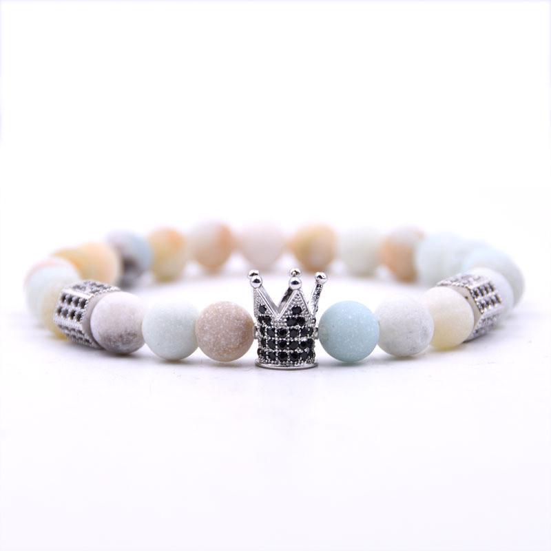 8mm Natural Striped Agate Crown Bracelet with Copper and Zircon Hexagonal Accents 8MM-19-19.5CM