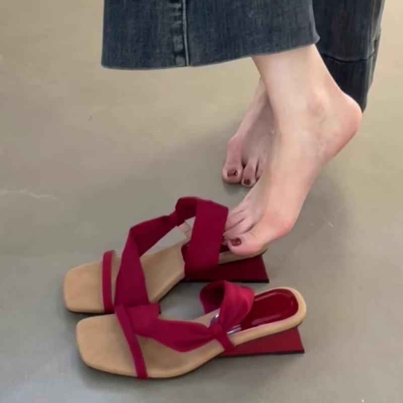Fashion French Wedge Temperament Square Toe Women's Sandals 2025 Summer New One-strap Two-wear Slippers Open-toe High-heeled Sandals