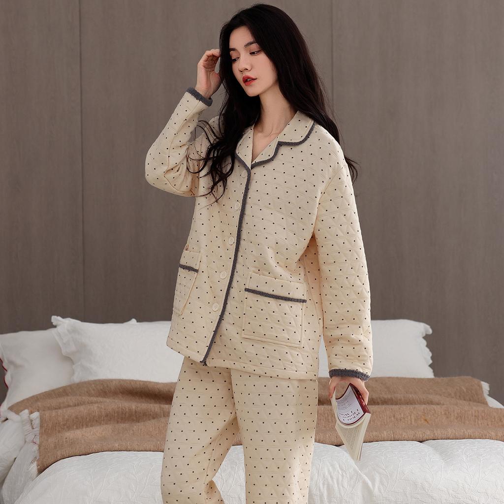 Pajamas Ladies Autumn And Winter Cotton Long Sleeve Sandwich Air Cotton Thickened Ladies Loungewear Set
