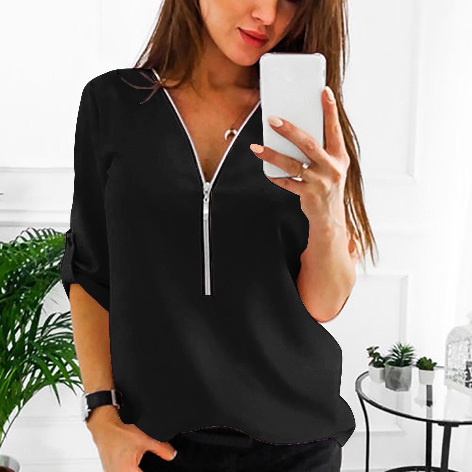 

Women s Casual Solid Color V-neck Seven Quarter Sleeve Zip Up Chiffon Shirt XXL чорний