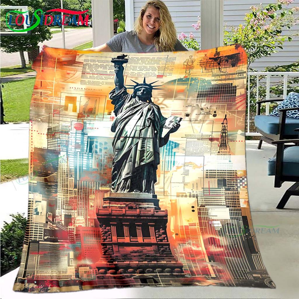 Fashion Statue of Liberty Pattern Blanket Flannel Thin Blanket Portable Home Travel Office Lunch Break Blanket Birthday Gift