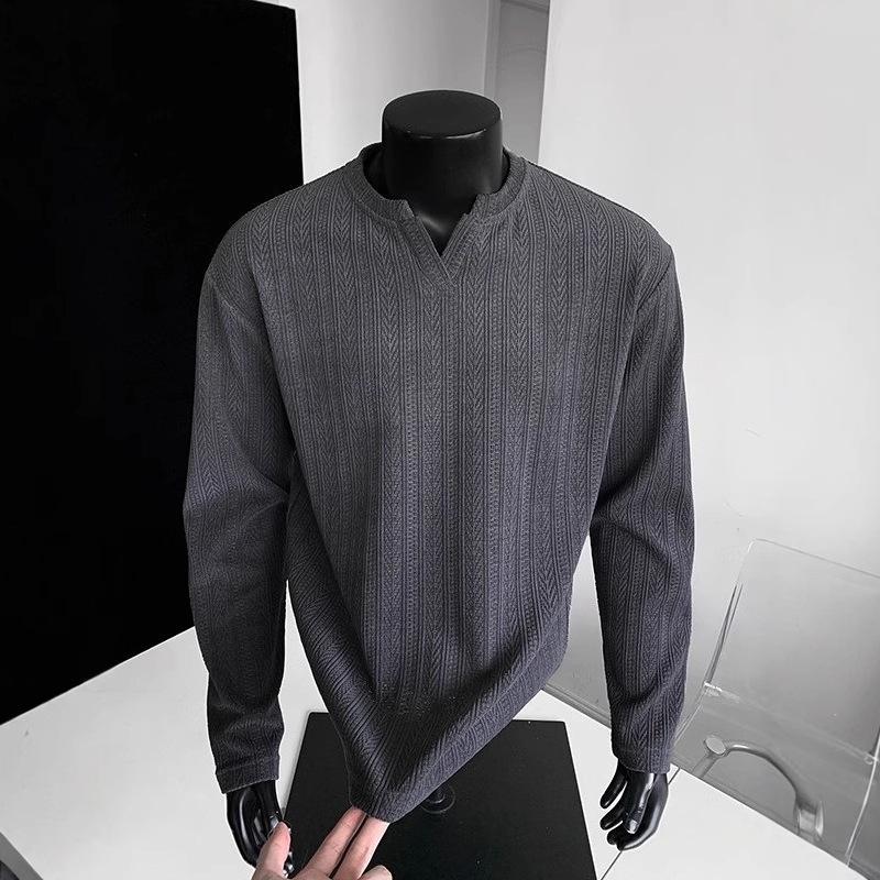 American Dark Gray V-neck Sweater Men's Autumn Wheat Ears Striped Jacquard Long Sleeves