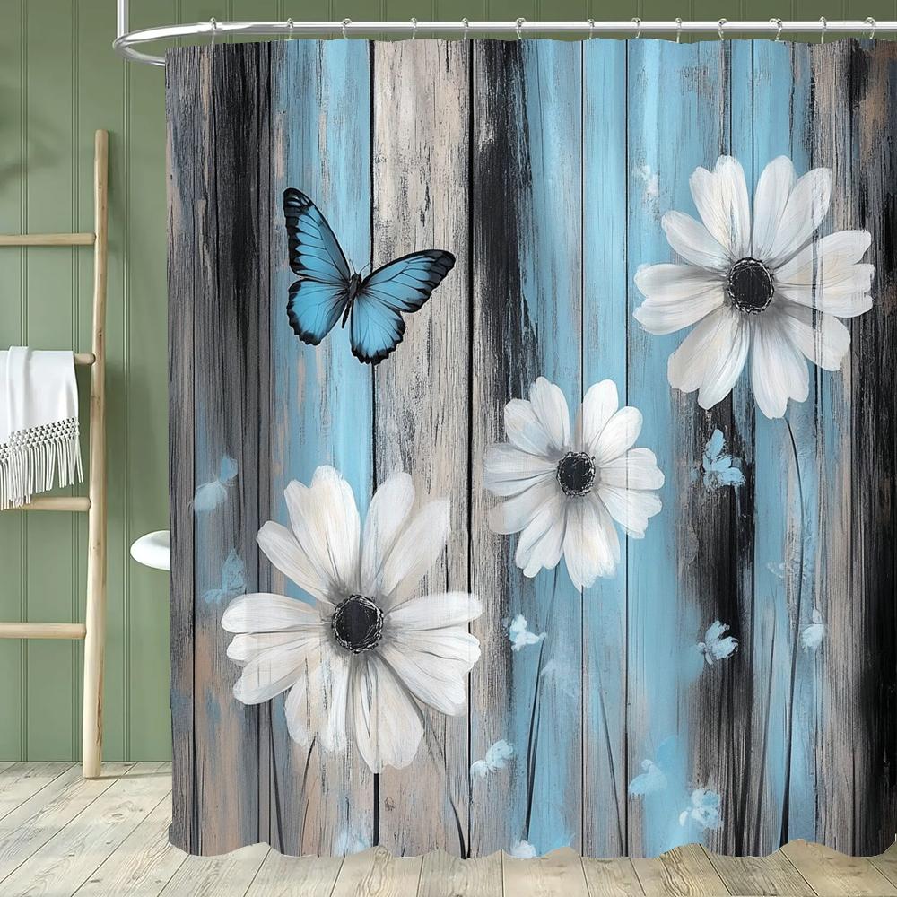 Blue Butterfly Floral Shower Curtain, Bathroom Decorative Shower Curtain, Printed Polyester Fabric Shower Curtain with Hooks 90x180cm-35x70in