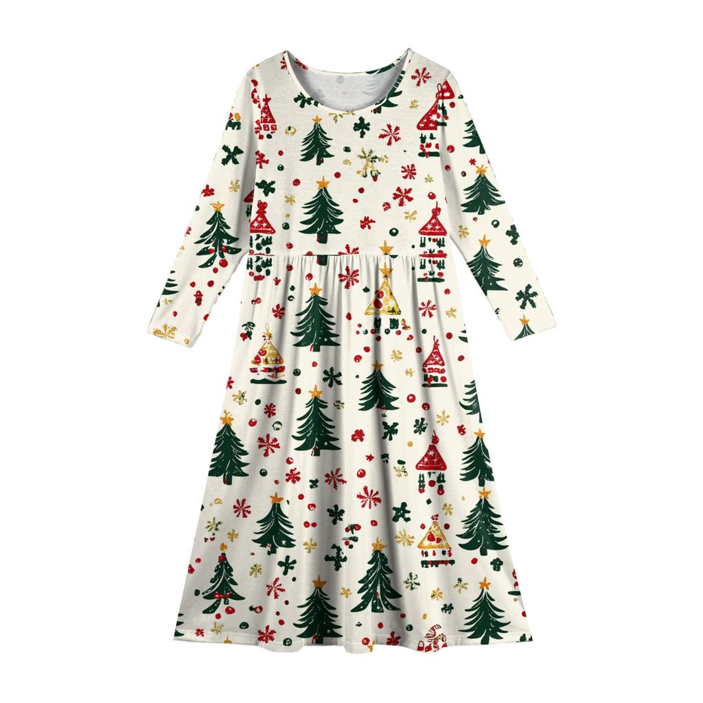 Girls' Maxi Dress - Long Sleeve Pocket Dress Christmas Day