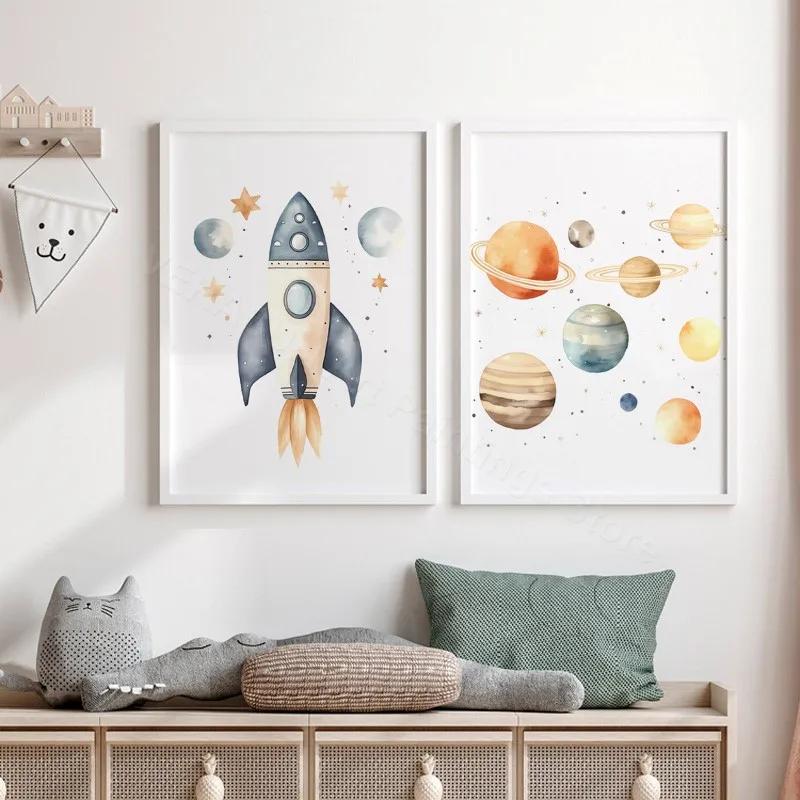 Acuarelă Astronaut Navă Spațială Rachetă Planeta Spațială Artă de Perete pentru Cameră Copii Pictură pe Pânză Imprimare Postere Imagini Pentru Decor Cameră Copii