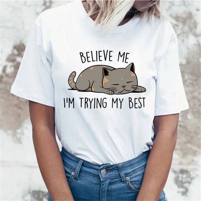 Believe Me I'M Trying My Best Cat Letter Print T Shirts With Funny Saying Girls And Women'S Fashion Graphic Tee Black T Shirt