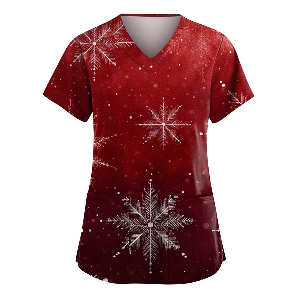 Women's Fashion V-Neck Short-Sleeved Workwear With Pockets Christmas Print Top Caregiver Uniform