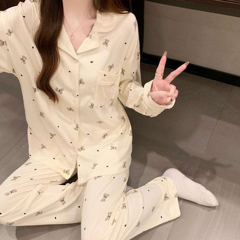 Wind Cute Bear Cardigan Pajamas Women'S Spring And Autumn Skin-Friendly And Comfortable Loungewear Long-Sleeved Set