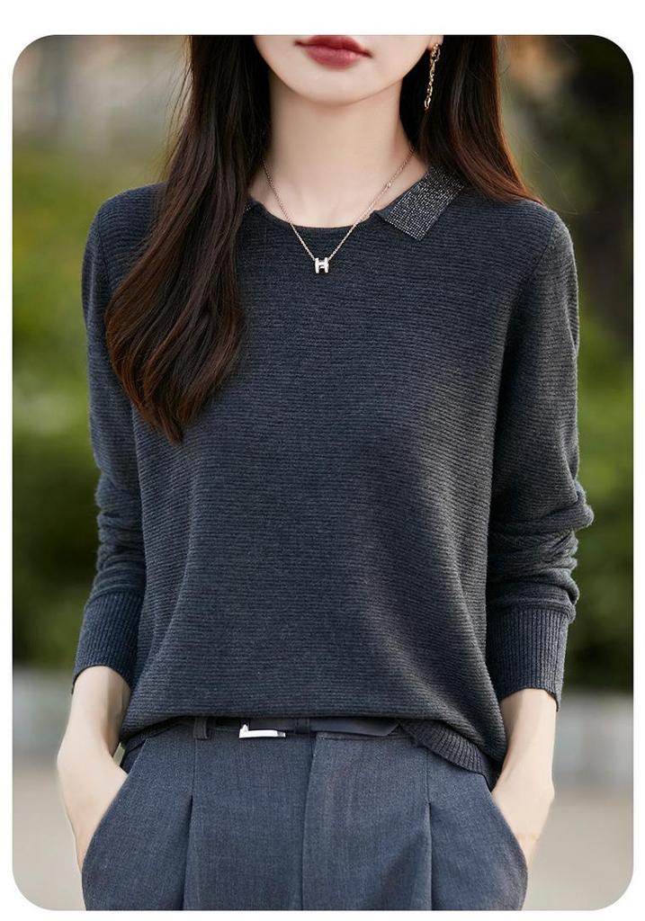 Small Lapel Fine Wool Knitted Pullover Sweater for Women - 2025 Autumn/Winter Collection, Solid Color, Loose Fit, Base Layer