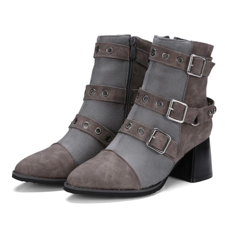 Autumn and Winter Small Pointed Head with Belt Buckle Simple Hollow Rivet Medium Heel Thick Heel Square Root