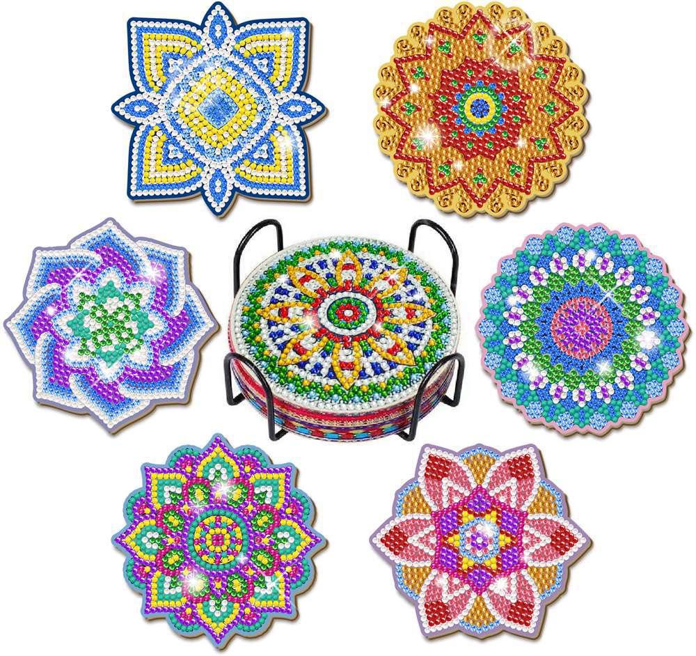 

GATYZTORY 6Pcs DIY Diamonds Painting Coaster Animal Flower Non-slip Art Mosaic Cup Cushion with Rack Rhinestones For Kitchen Dec 10x10cm