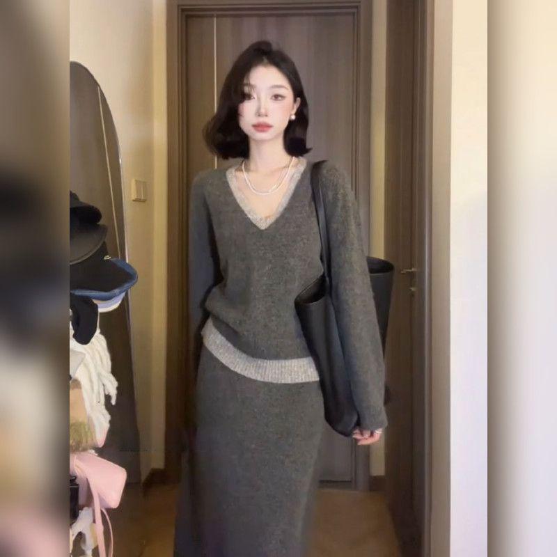 

Stylish Korean Grey Knit Sweater and Skirt Set for Women - Chic Autumn/Winter Outfit M (for 100-120 jin)
