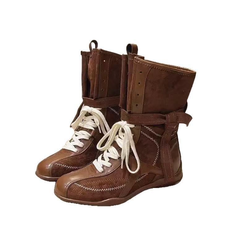Dameslaarzen Douyin Wasteland Stijl Westerse Cowboy Boksschoenen Dames Middelhoge Schacht Verhogend Retro Martin Laarzen