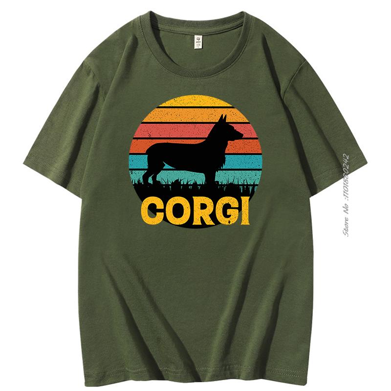 Funny Corgi Vintage Retro Sunset Silhouette Gifts Dog Lover Dog Owner Essential Cotton Tshirt Summer Harajuku Streetwear