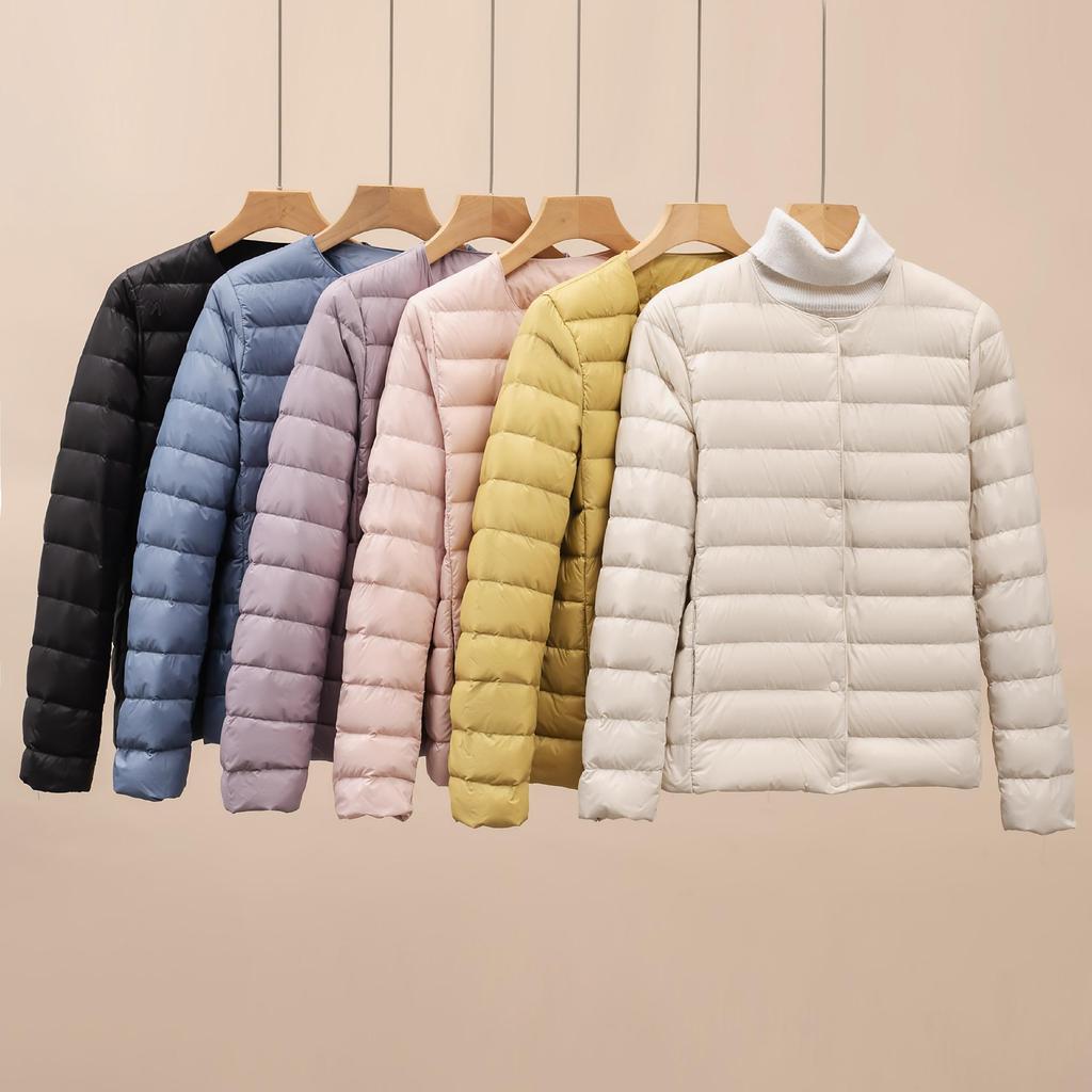 Luz de Inverno Jaqueta Simples Quente de Outono e Inverno Feminina de Gola Redonda Curta
