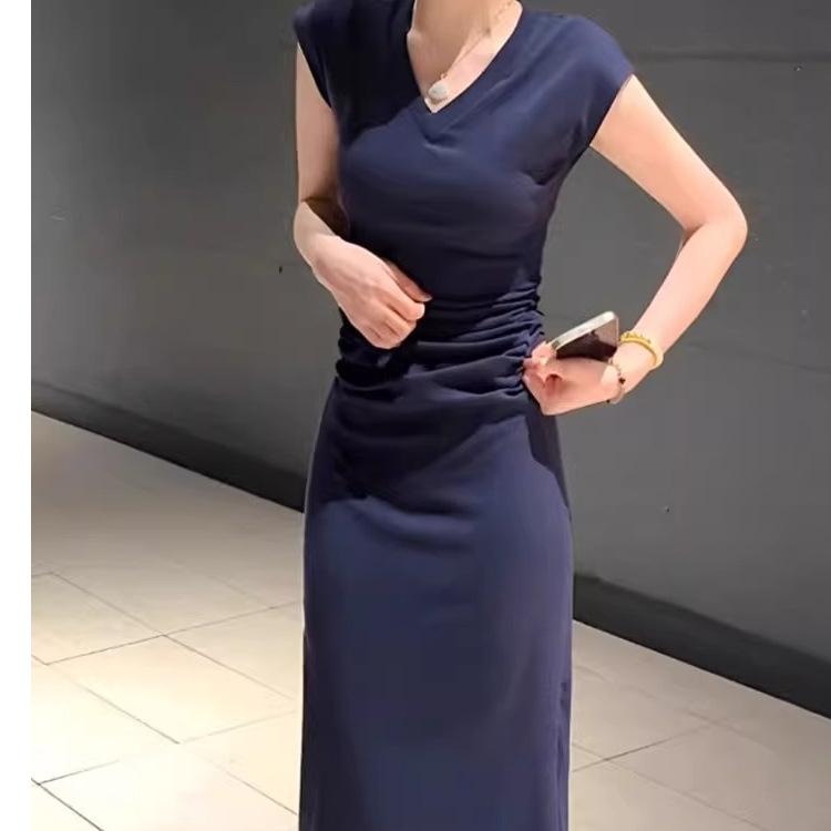 Casual Gray V-neck Sleeveless T-shirt Dress Women's New Summer French Figure Slim Hip-wrapped Dress