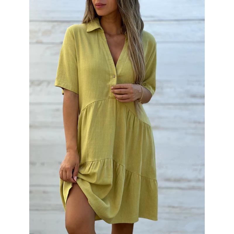 QICED Fashion Summer Spring Solid Color Print Short Sleeve V-Neck Casual Dresses