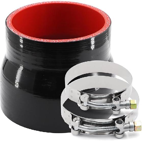 3 To 4 Inches Straight Black Silicone Reducer Coupler With 2 T-Bolt Clamps 4 Layers Of Polyester Reinforcement Suitable High Level Turbo Pipe