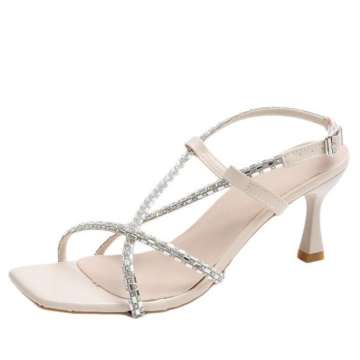 Fashion sandals women's summer 2025 new square head thin heel cross rhinestone word with sexy temperament Roman high heels