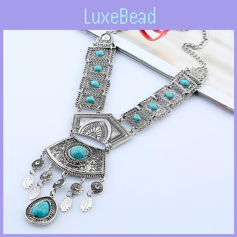 Ethnic Style Simulation Gemstone Decoration Women Metal Necklace Tassel With