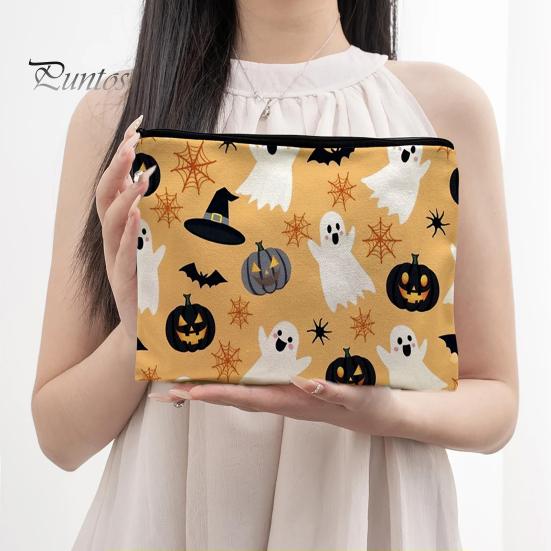 Festive Desktop Storage Bag Bag, with Halloween Pumpkin Ghost Print, Smooth Durable Zippered Case Zipper Canvas Makeup for Travel Cosmetic Organizer