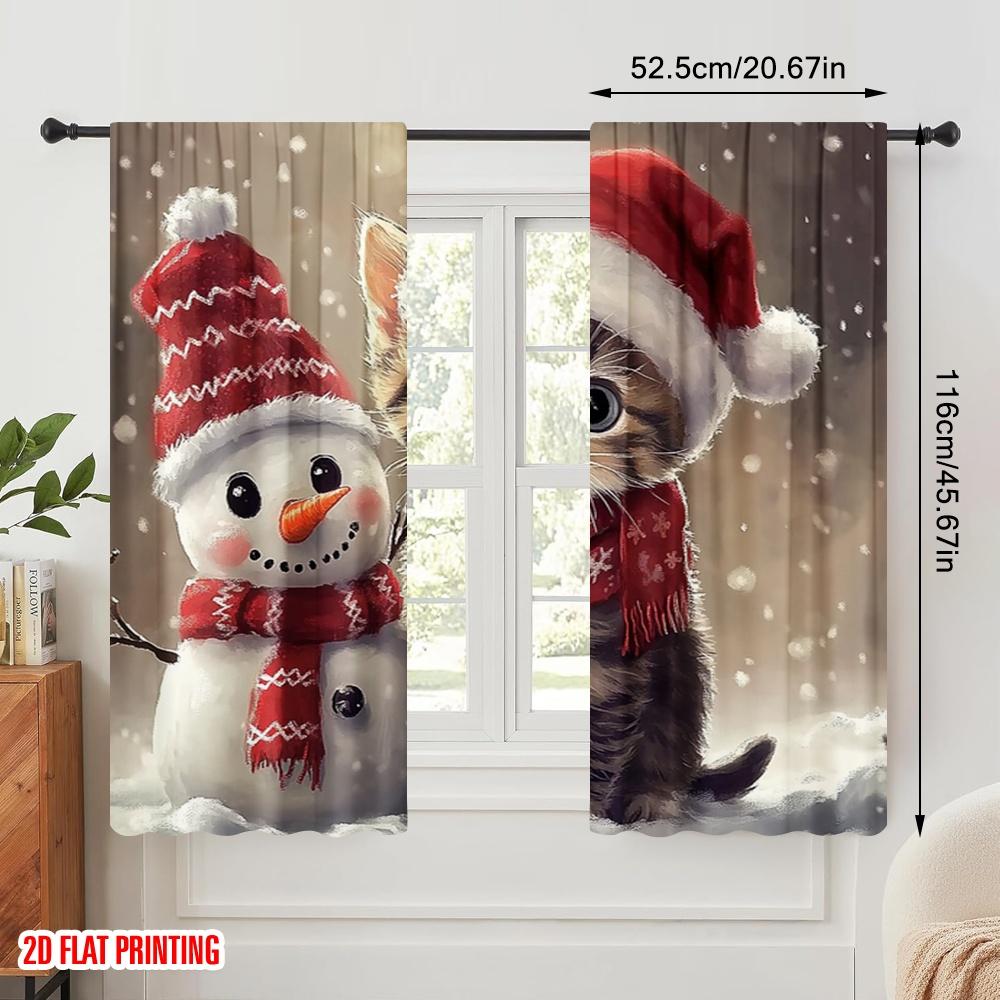 2pcs,2D Plane Printing Light Filtering Curtains Cute Kitten Snowman Christmas Holiday (3) Versatile Fabric (without Rod) Gifts