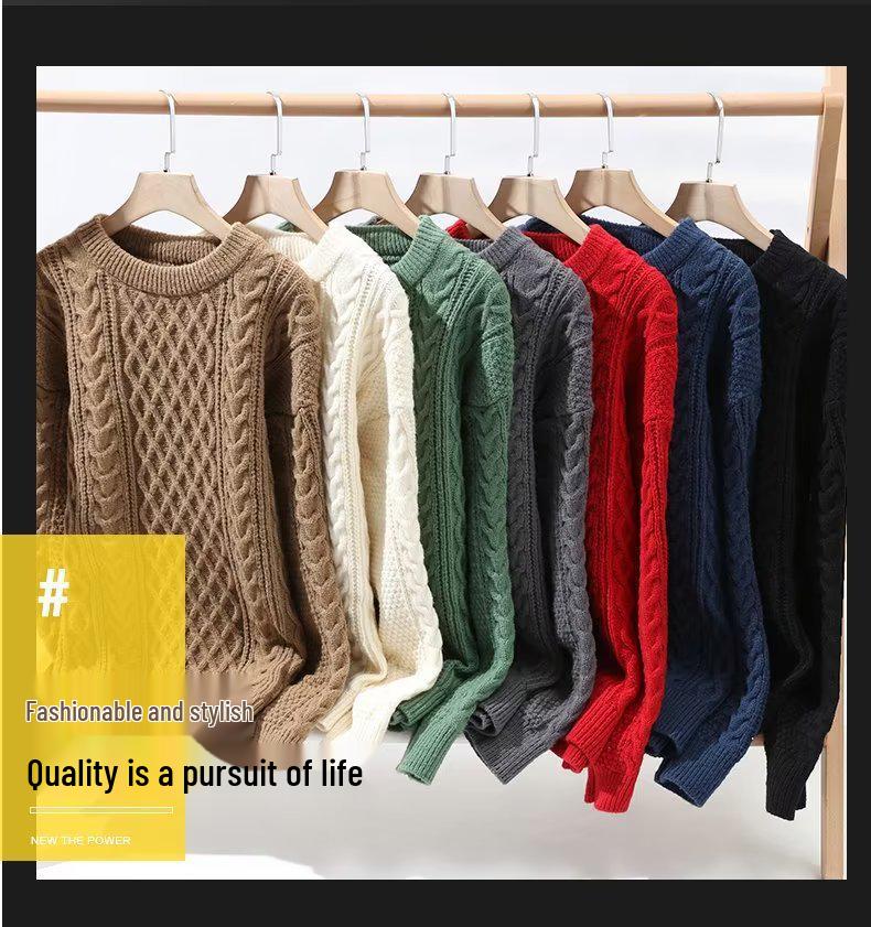 Men's Trendy Loose-Fit Wool Sweater - Round Neck, Solid Color, Knit Base Layer for Teens, Autumn/Winter Style.