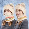 Chapéu Feminino com Cachecol Longo Protetor Facial Completo Quente Tricotado Térmico Lã Inverno Chapéu de Esqui Cor Patchwork Decoração Bola de Pelúcia Acessório de Cabeça para Clima Frio