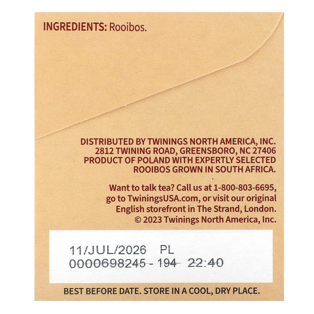 Twinings Pure Rooibos Red Herbal Tea, Caffeine-Free, 20 Tea Bags, 40g (1.41oz)