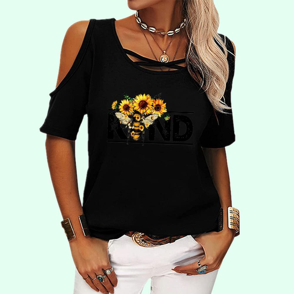 Women Fashion Shoulder Short Tee Shirt Round Collar Off Sleeve Top Ladies Casual Print T-shirt