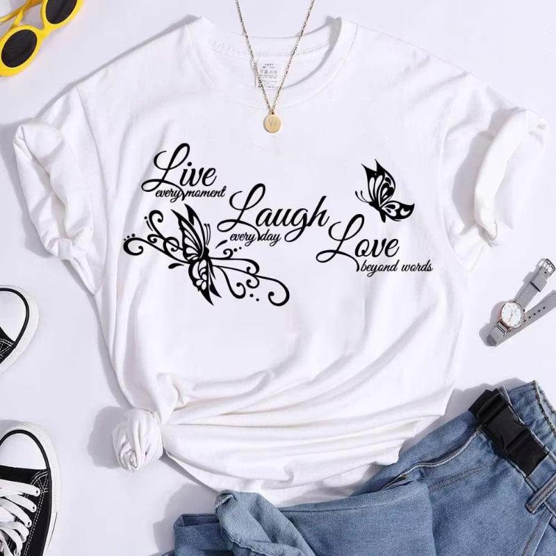 

Butterfly Live Laugh Love Print Summer Casual Tshirts For Women Creative O Neck Shortsleeved Tshirts Fashion Ladies Tshirt 4XL