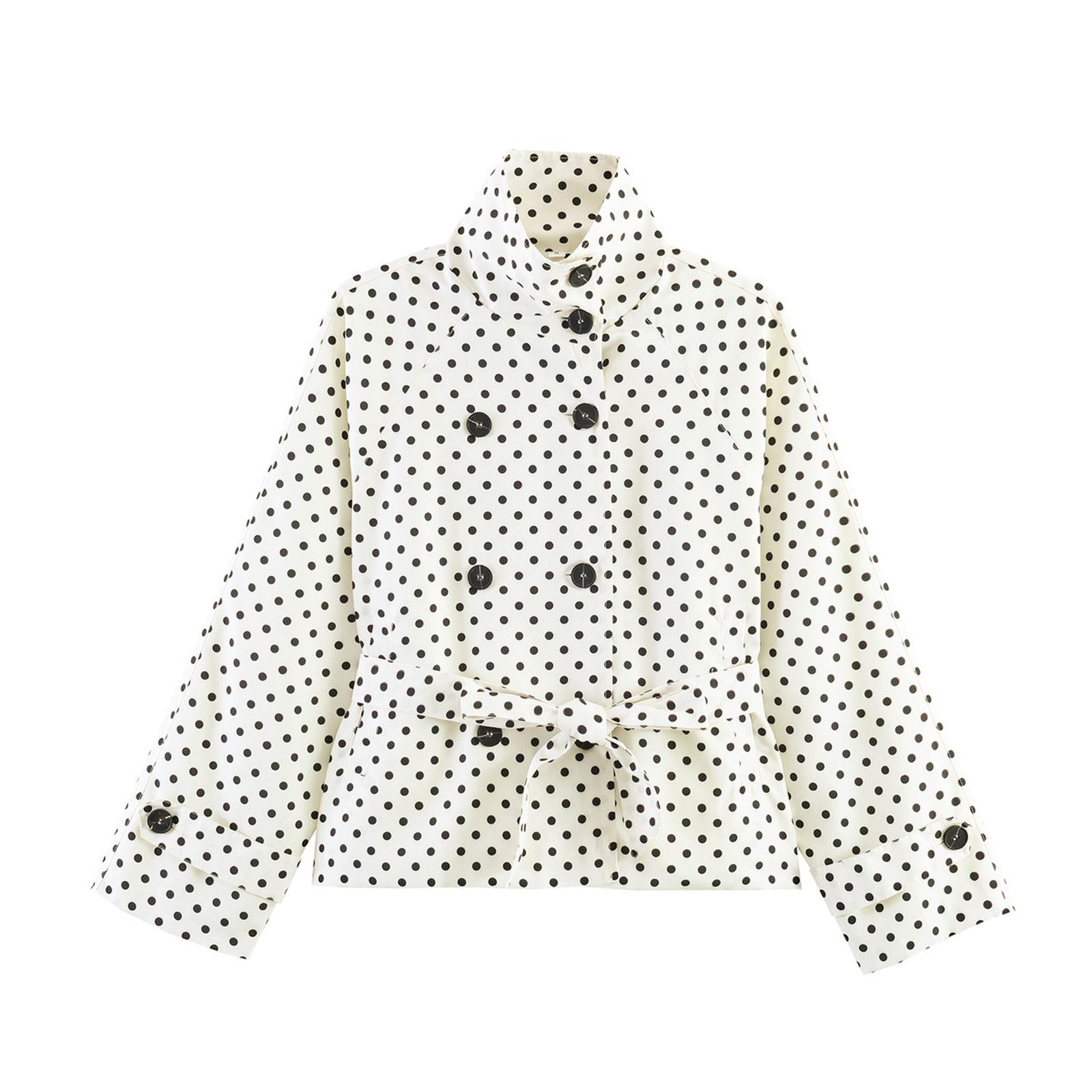 

Women Casual Loose Fit Jacket Polka Dot Pattern Drawstring Waist Stand Collar Buttoned Front Long Sleeve Outerwear M белый