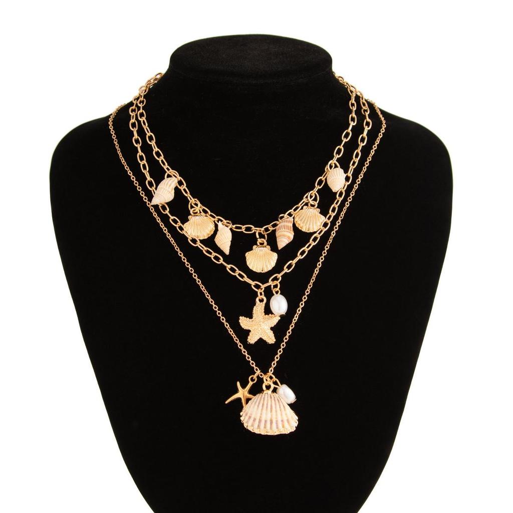 3pcs Bohemian Shell Starfish Pendant Necklace Ocean Series Multi-layered Alloy Pearl Clavicle Chain Necklaces for Women Summer Fashion Jewelry
