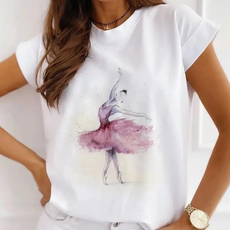 Stylish African Womens Watercolor Ballerina Girl Cute Cartoon Short Sleeve Tshirt Summer Tops Vintage Clothes Oversized Tee