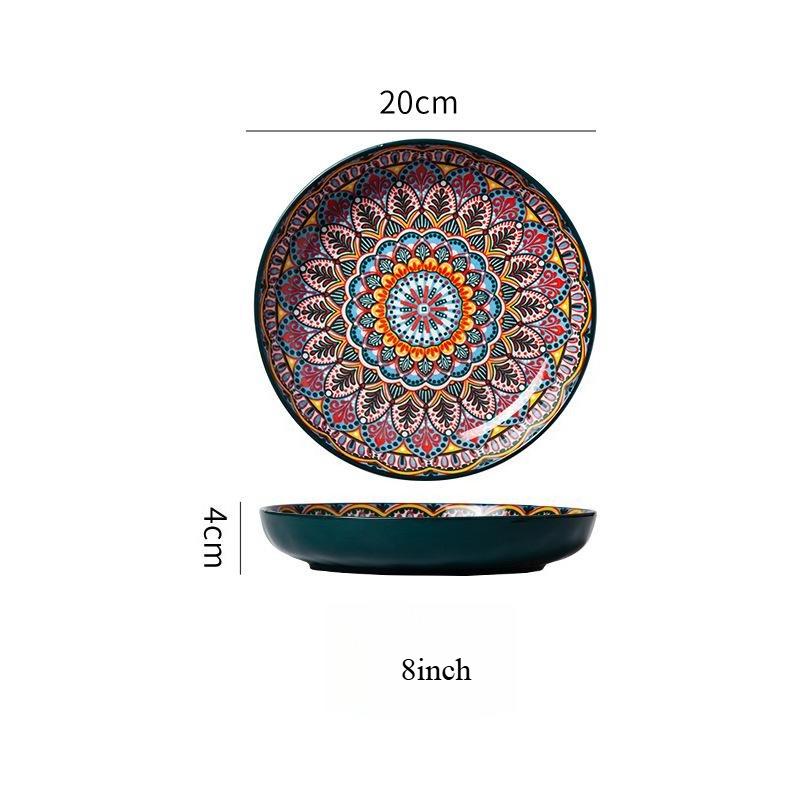 Bohemian Hand Painted Ceramic Plate 7/8 Inch, Colorful Mandala Porcelain Dinner Plate, Vintage Decorative Serving Dishes for Kitchen Dining Home Decor