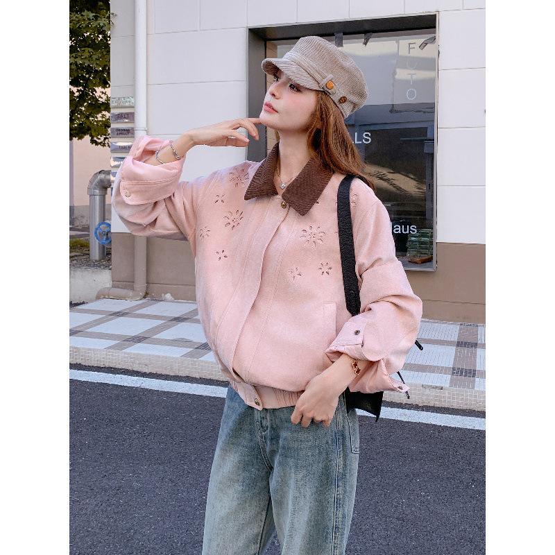 Korean-Style Pink Suede Short Jacket for Women - 2025 Autumn, Hollow Design, Age-Defying, Petite Fit, Fashion-Forward.