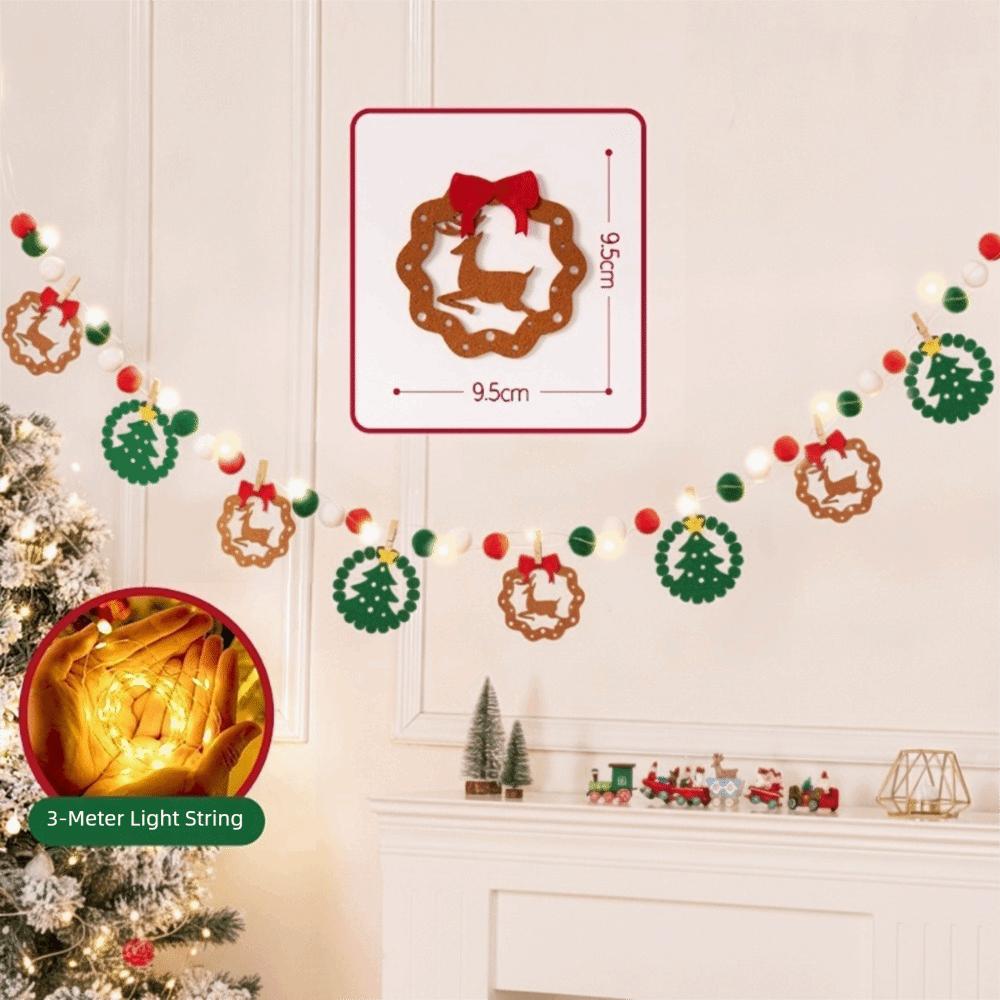 Festive Lights Felt Christmas Banner Decorated DIY Handmade Christmas Pendant Furry Balls LED String Light Home Room