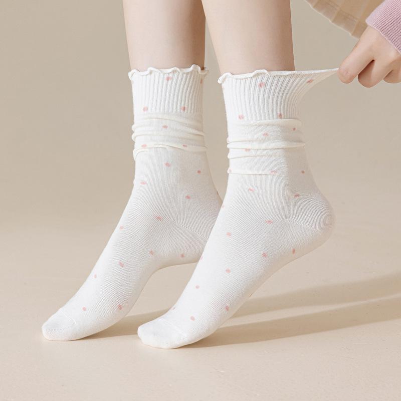 5/10 Pairs Ear Shaped Hem Socks for Women Spring Autumn Polka Dot Girl Instagram Style Cute Polka Dot Sweat Absorbing Mid Calf Socks and Pile Socks