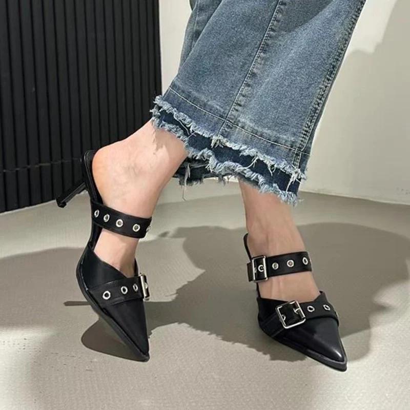 Fashion Punk Metal Buckle High Heels Shoes for Women Sexy Pointed Toe Stiletto Heel Sandals Woman Summer 2025 Fashion Party Silver Pumps