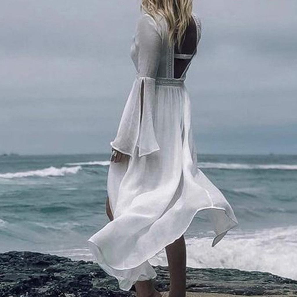 Women's Fashion Bikini Cover Up Slub Bell Sleeve Lace Loose Beach Swimsuit Cover Up