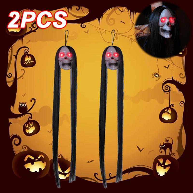 30PCS New Halloween Hanging Long Hair Ghost Skeleton LED Light-emitting Horror Skeleton Ghost Bar Haunted House Decoration Props