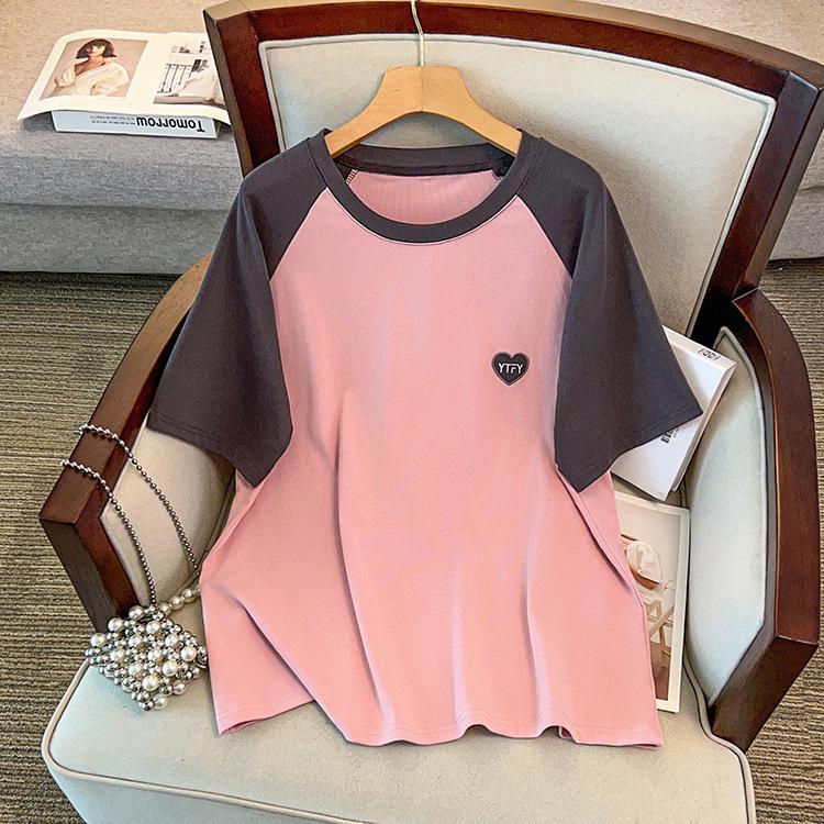 

Plus Size Women s Cotton Embroidered Heart Raglan Sleeve Top - Summer 2026 5XL (Recommended for 90-105 kg) рожевий