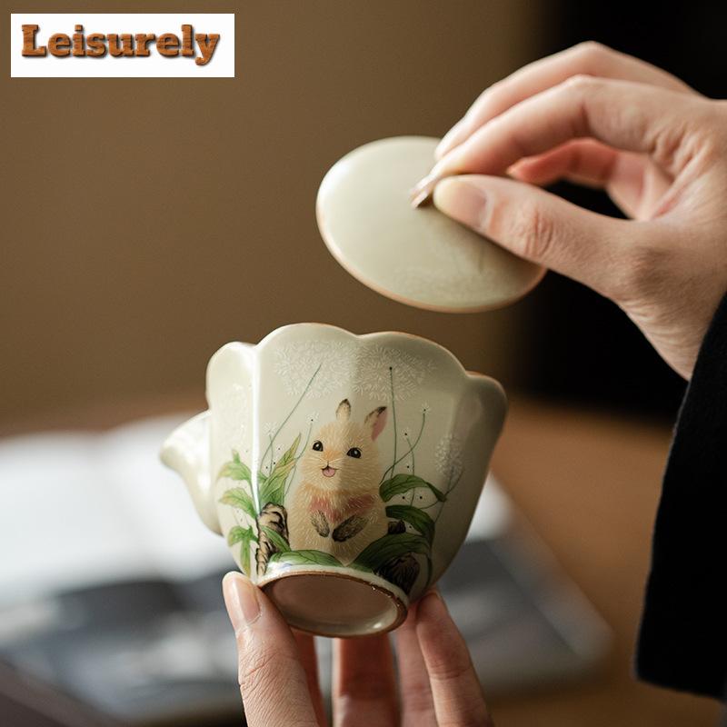 100ml Roztomilý Králíček Květinová Ústa Gaiwan Rýžově Žlutá Ru Kiln Ručně Uchopitelná Čajová Terina Čajový Výrobník Poklička Miska Čajový Set Kolekce Dárky