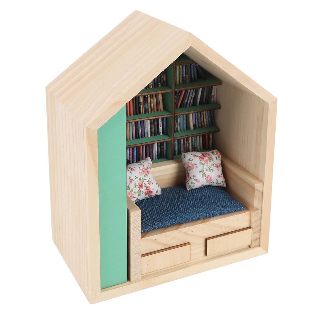 Miniatur-Bücherregal Handgefertigtes Holzhausmodell mit kleinen Kissen Lustiges Mini-Bücherregal Ornament zur Schreibtischdekoration